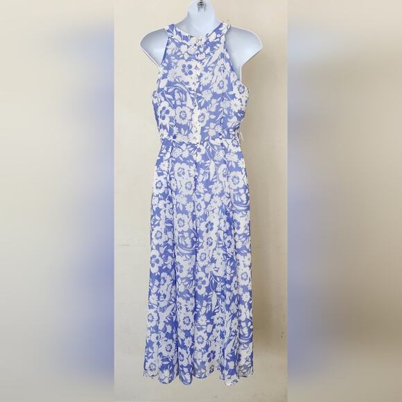 TOMMY HILFIGER Blue White Floral Print Halter Neck Sleeveless Fit & Flare Dress - Picture 4 of 9